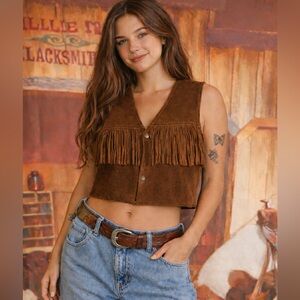 Vintage Cropped Brown Suede Fringe Leather Vest
